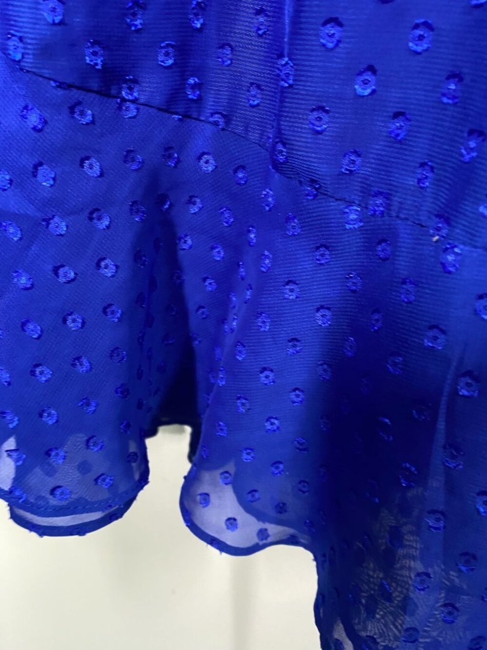 Polka Dot Sheer Royal Blue 22w Wrap Dress With Flutter Sleeves & Tie Waist - Picture 5 of 11